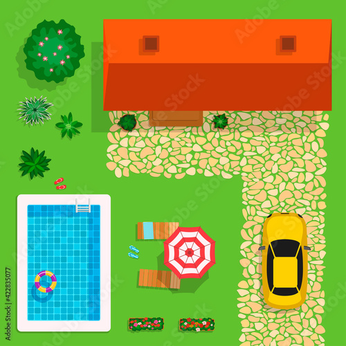 Top view of courtyard with house, lawn, car and pool. Cartoon flat style