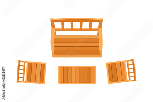 Top view garden and park furniture. Wooden bench and chairs isolated on white background. Cartoon flat style