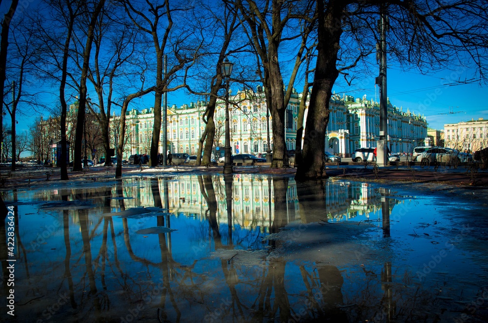 
building and trees reflected in a puddle