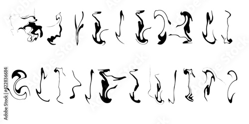Optical illusion of space distortion. Vector elements liquid forms, liquid dynamic forms. Black random abstract shapes of lines, blots.
Black random abstract shapes of curved lines.