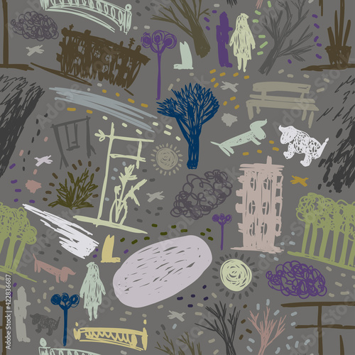 Seamless vector colorful pattern lined sketch of abstract city street in dull colors. The design is perfect for textiles, backgrounds, wrapping paper, decorations
