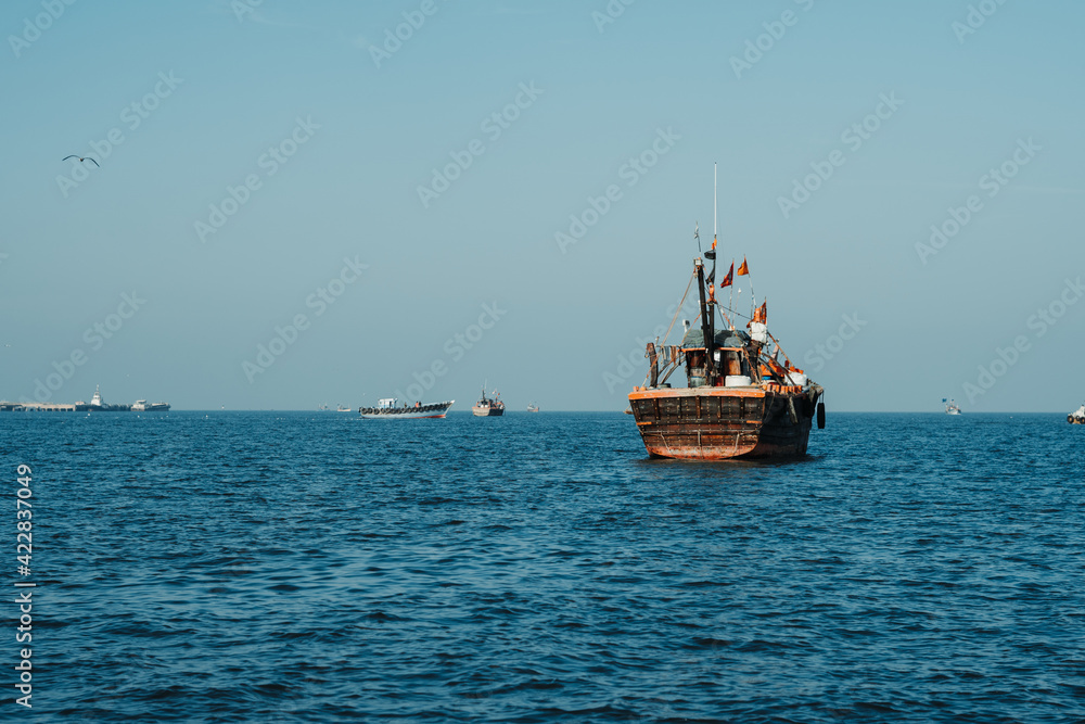 View of the boat on the way to Bet dwarka island from Okha Port at Arabian sea in Okha, Gujarat, India
