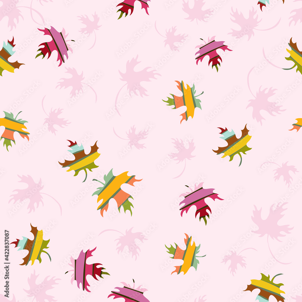 Autumn falling leaves seamless pattern. Vector background with colorful maple leaf silhouettes on pink backdrop. Stylish abstract texture. Hand drawn art. Repeat design for prints, decor, wallpapers Autumn falling leaves seamless pattern. Vector background with colorful maple leaf silhouettes on pink backdrop. Stylish abstract texture. Hand drawn art. Repeat design for prints, decor, wallpapers