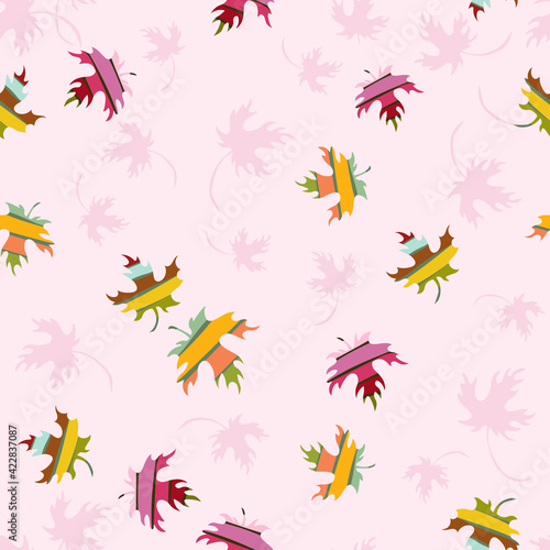 Autumn falling leaves seamless pattern. Vector background with colorful maple leaf silhouettes on pink backdrop. Stylish abstract texture. Hand drawn art. Repeat design for prints, decor, wallpapers