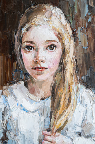 Fototapeta Naklejka Na Ścianę i Meble -  .Cute beautiful girl holding her hair. Fragment of oil painting on canvas. .Portrait of a child with brown eyes and blond hair.