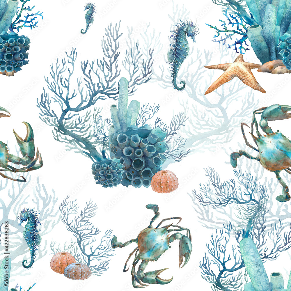 Fototapeta Watercolor coral reef seamless pattern. Hand drawn realistic background design: star fish, corals, sea horse on white background. Natural repeating texture design for paper, fabric, wallpaper