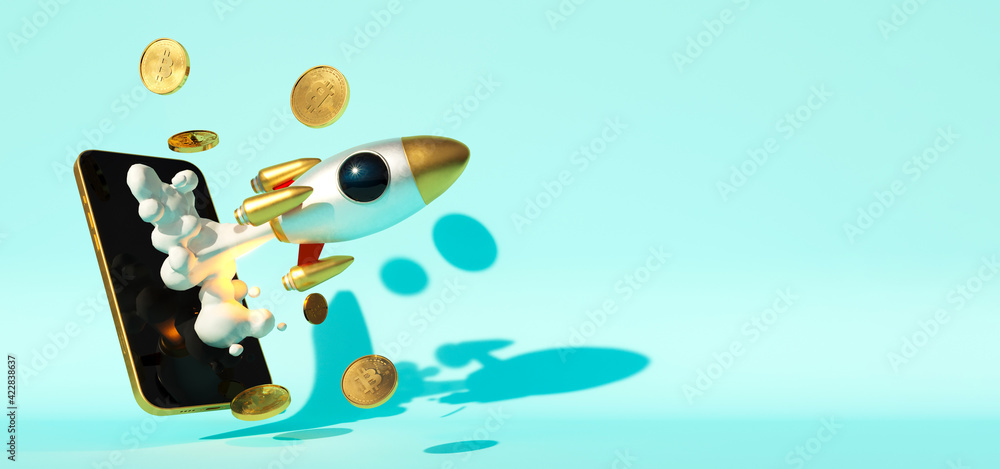 Bitcoin traiding on the phone. Rocket start 3D illustration business startup successful leadership ideas concept. Mobile phone application to trade Bitcoin BTC. Bitcoin traiding on the phone. Rocket start 3D illustration business startup successful leadership ideas concept. Mobile phone application to trade Bitcoin BTC.