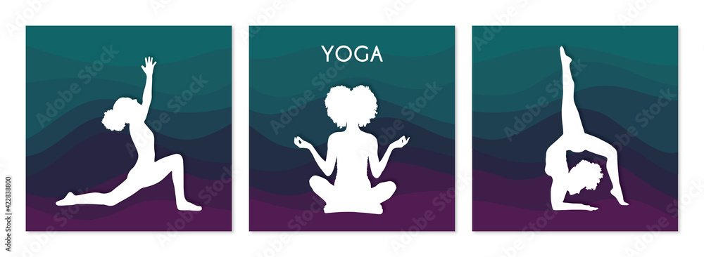 Yoga banner, afro american woman doing yoga stance, colorful gradient background silhouette illustration set Yoga banner, afro american woman doing yoga stance, colorful gradient background silhouette illustration set