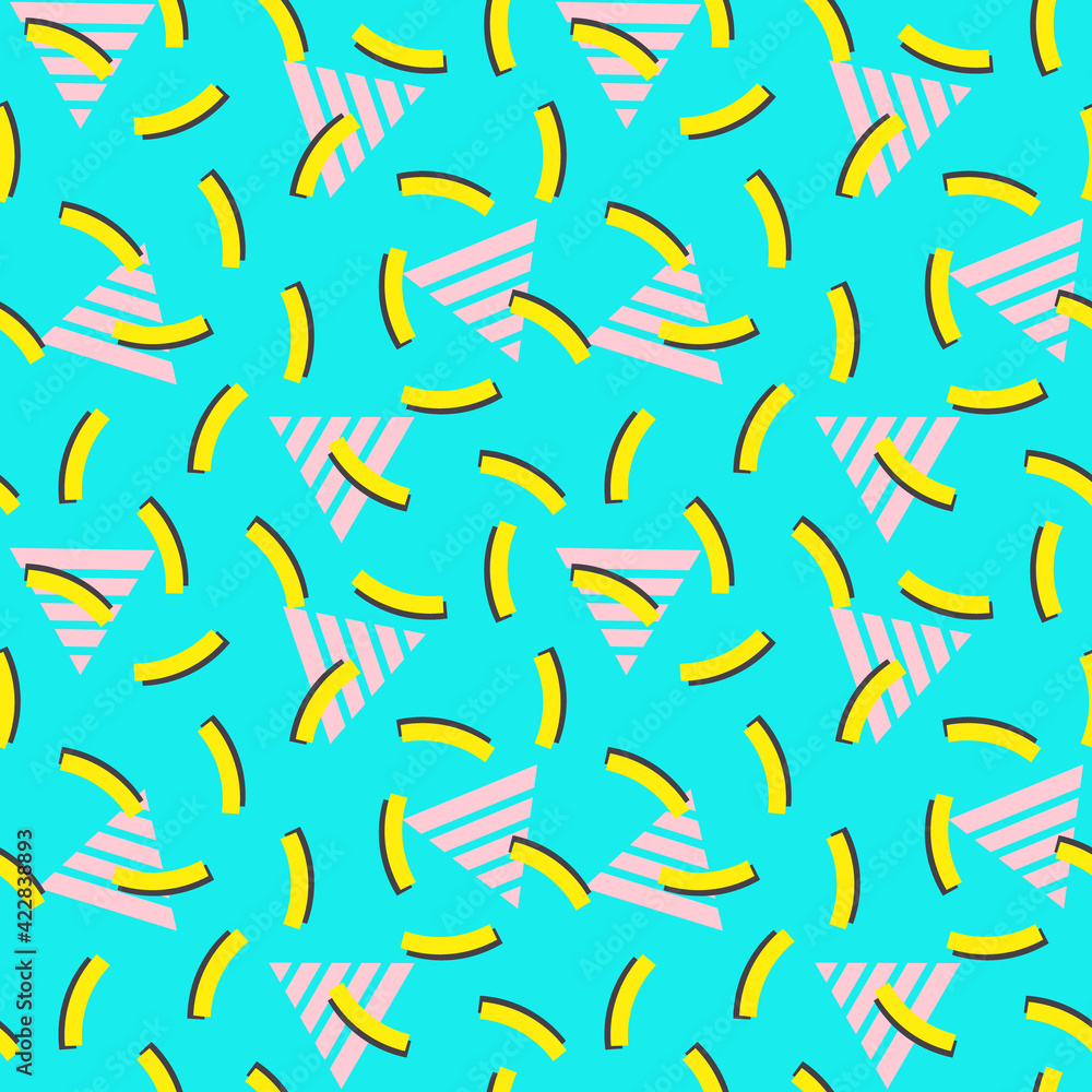 Seamless abstract 90s pattern background.Geometric triangle, stripes.Bright palette Pink, mint, yellow.Modern endless repeated print for textile, fabrics, wrapping, wallpapers. Memphis design style. Seamless abstract 90s pattern background.Geometric triangle, stripes.Bright palette Pink, mint, yellow.Modern endless repeated print for textile, fabrics, wrapping, wallpapers. Memphis design style.