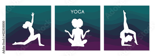 Yoga banner, afro american woman doing yoga stance, colorful gradient background silhouette illustration set