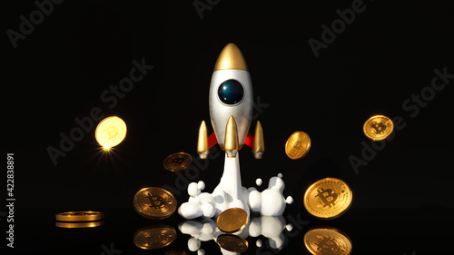 Bitcoin traiding on the phone. Rocket start 3D illustration business startup successful leadership ideas concept. Mobile phone application to trade Bitcoin BTC. photo
