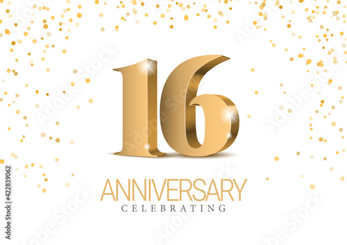 Anniversary 16. gold 3d numbers. Celebrating 16th anniversary event party.
