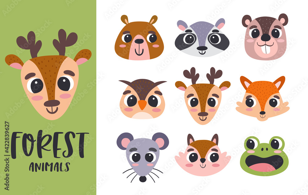 Cartoon Animal heads collection. Cute forest animal heads. Perfect for avatars, print designs, and children's activities. Vector illustration.