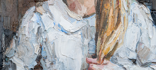 Fototapeta Naklejka Na Ścianę i Meble -  .Cute beautiful girl holding her hair. Fragment of oil painting on canvas.