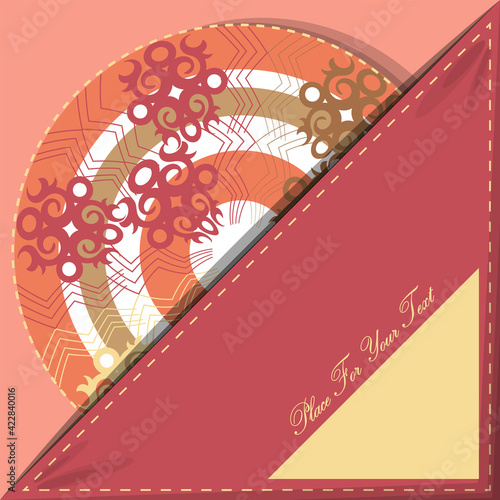 Original template for postcards, invitations, greetings, business cards, brochures and more. Stylized circular pattern, mandala, emblem. Pink shades of color