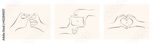 Minimalistic hands gesture set. Frame from fingers, Infinity hand sign, heart shape hands. Love gesture. Single line minimalism. Pastel colours. Peace balance symbol, metaphoric clipart. Shape gesture