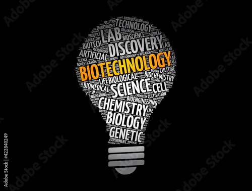 Biotechnology light bulb word cloud collage, concept background