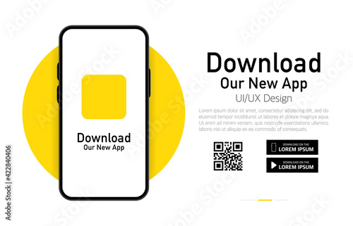 Download our app advertising banner. Phone mockup. App for mobile. UI and UX design. Vector illustration. photo