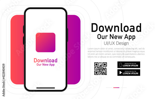 Download our app advertising banner. Phone mockup. App for mobile. UI and UX design. Vector illustration.