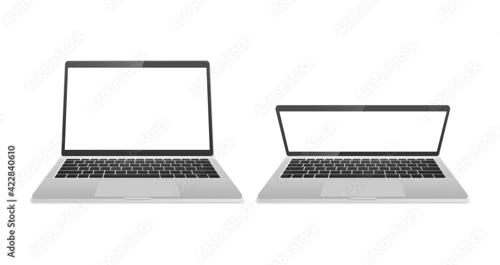 Fototapeta premium Computer laptop of silver color front side isolated on white background. Device Mockup. Vector illustration.