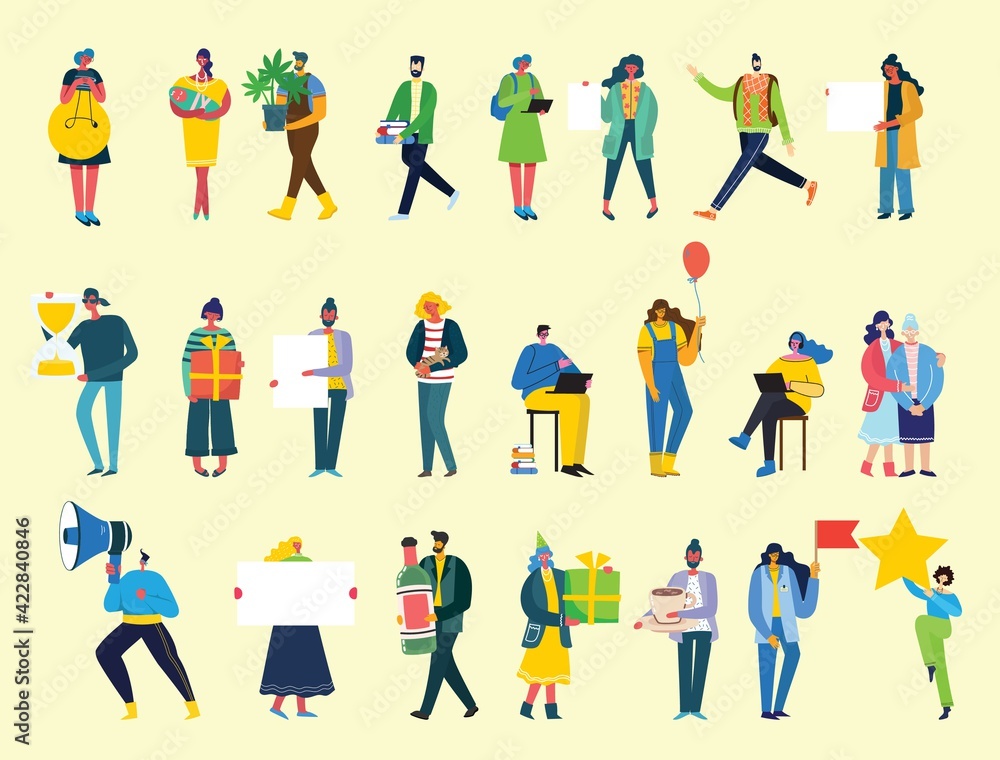 Set of people, men and women with different signs. Vector graphic objects for collages and illustrations.