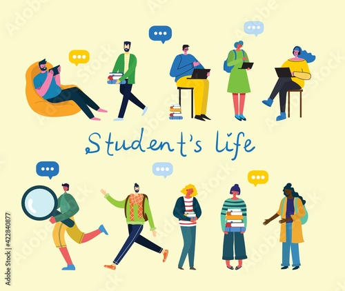 vector set of students with gadgets and books