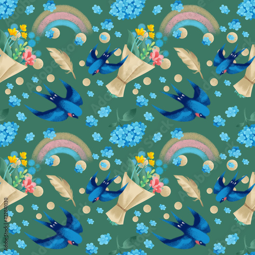 Swallows pattern, bouquets, rainbow, blue flowers. Green background. Retro provence style. Pastel shades. St. Valentine's Day. Gift packaging, textiles, wallpaper.