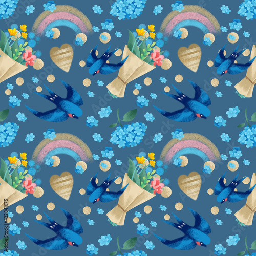 Swallows pattern, bouquets, rainbow, blue flowers. Blue background. Retro provence style. Pastel shades. St. Valentine's Day. Gift packaging, textiles, wallpaper.