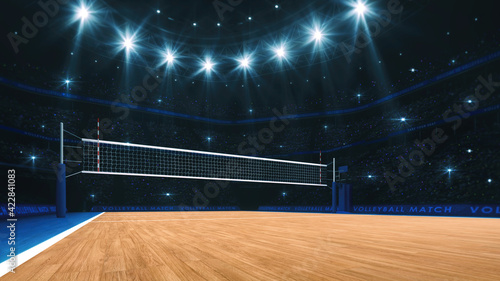 Sport arena interior and professional volleyball court and crowd of fans around. The player's view when serving. Digital 3D illustration. photo