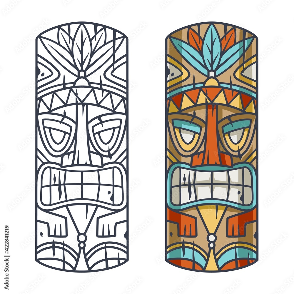 Trendy hawaii wooden tiki mask for surfing bar. Traditional ethnic idol of hawaiian, maori or polynesian. Old tribal totem - obrazy, fototapety, plakaty 