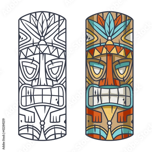 Trendy hawaii wooden tiki mask for surfing bar. Traditional ethnic idol of hawaiian, maori or polynesian. Old tribal totem photo