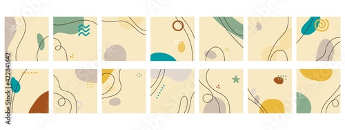 Set of fourteen abstract isolated backgrounds. Hand drawn various shapes and doodle objects. Modern contemporary trendy vector illustration. Delicate pastel colors. Stock illustration. Copy space