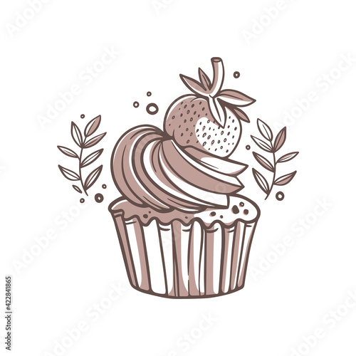 Cream cupcake and strawberries. A beautiful confection. Festive pastries, sweets. Elegant line drawing, abstract spots. Postcard with cake, banner design. Vector illustration in a hand-drawn style