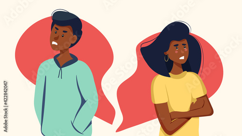 Quarrel of a black couple. Loss of feeling of love. Divorce. Vector illustration