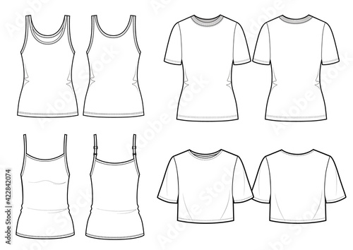 Women's clothing set. Blank templates of t-shirt and basic tops. Casual style.
