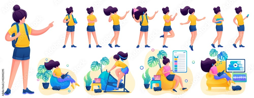 Young girl in various poses and actions, communication, work, training. 2D flat character vector illustration N3 Young girl in various poses and actions, communication, work, training. 2D flat character vector illustration N3