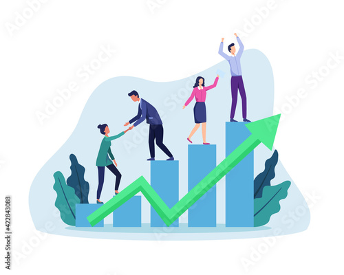 Business growth illustration. People walking up drawn stairs to success, Stepping on chart bar. Corporate growth plan, Business development to success and growing growth concept. Vector in flat style