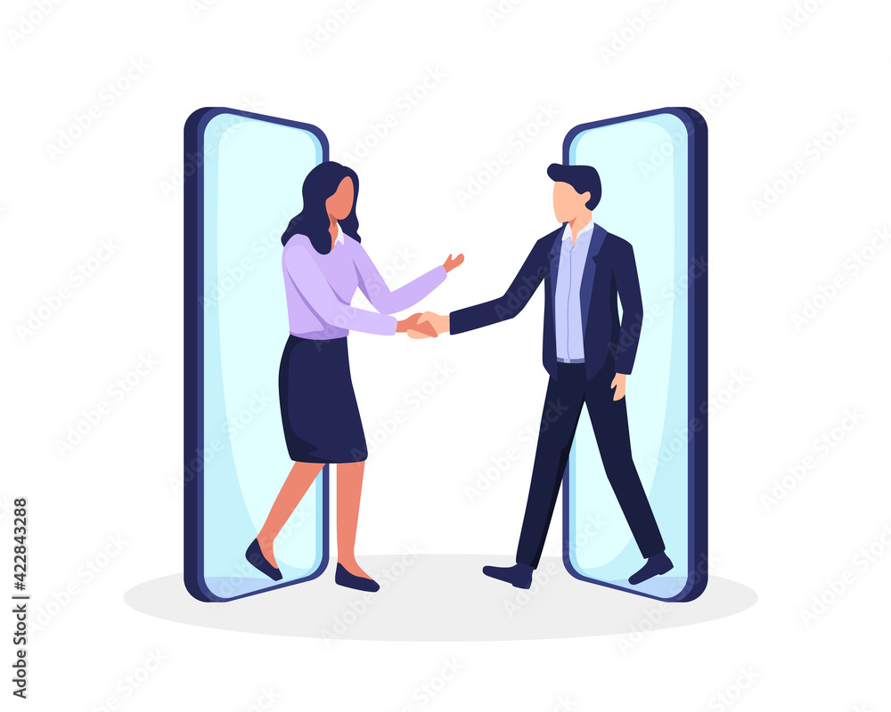 Online agreement or contract concept. Businessman and businesswoman shaking hands after successful negotiations. Business people walking out smartphones screens, Distant meeting. Vector in flat style