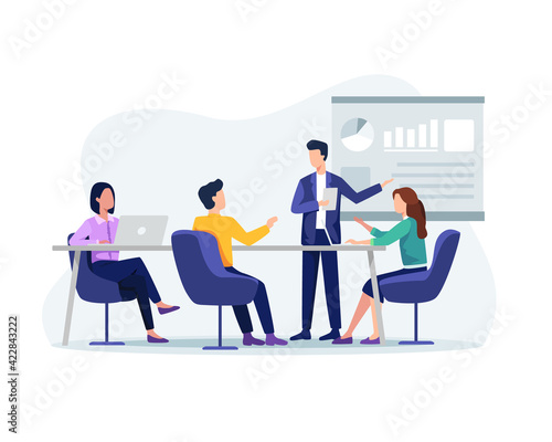Business meeting illustration. People on presentation conference, Businessman at project strategy. Business people working together, Presentation and discussion of the project. Vector in a flat style