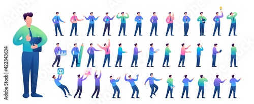Set of Young Man. Presentation in various in various poses and actions. 2D Flat character vector illustration N10