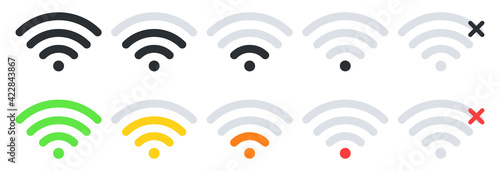 Set of wi-fi different signal levels. Wireless signal strength indicator icon. Sign for remote internet access. Colorful and monochrome icons. Template for ui or ux design. Vector illustration