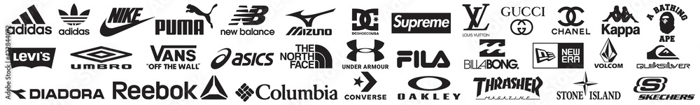 big Collection of popular clothing brands logo, Nike, adidas, gucci, Louis  Vuitton, Coco Chanel, Under Armour, Puma, The North Face. skechers,  Columbia Sportswear, ASICS, Converse. Vector illustration Stock ベクター |  Adobe Stock
