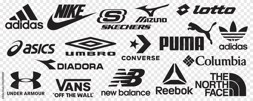 Vecteur Stock Collection of popular sportswear brands logo, Nike, adidas,  Under Armour, Puma, The North Face. skechers, Columbia Sportswear, ASICS,  Converse, Under Armour, Puma, Vector illustration | Adobe Stock