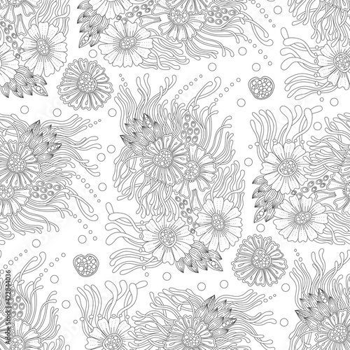 Monochrome doodle bohemian flower seamless pattern for adult coloring book. Black and white floral outline. Vector hand drawn illustration.