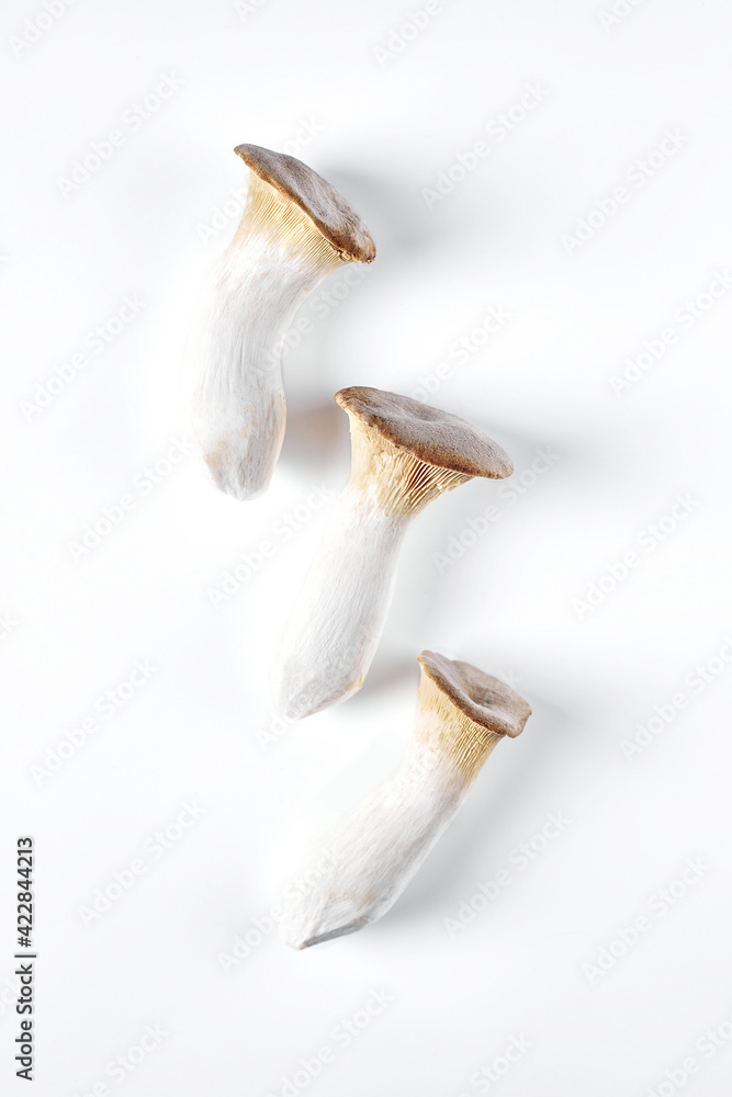 Fototapeta premium Collage of fresh whole and chopped eringi mushrooms isolated on white background. View from above
