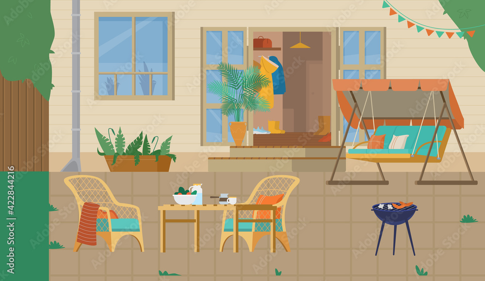 Obraz premium House Backyard Or Patio With Grill, Garden Swing, Garden Wicker Furniture. Flat Vector Illustration.
