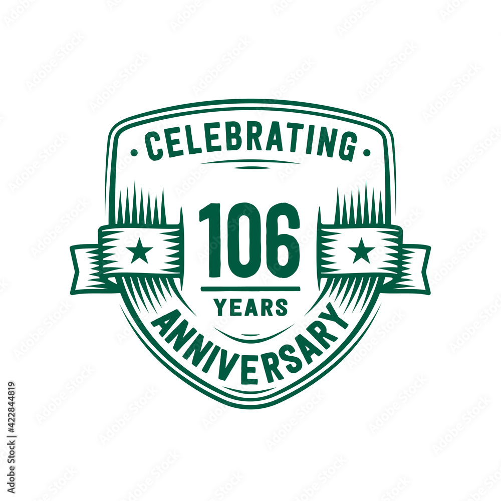 106 years anniversary celebration shield design template. 106th anniversary logo. Vector and illustration.
106 years anniversary celebration shield design template. 106th anniversary logo. Vector and illustration.