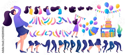 Constructor for creating a fun teen girl. Create your own character with a set of hands and feet. Flat 2D characters N2