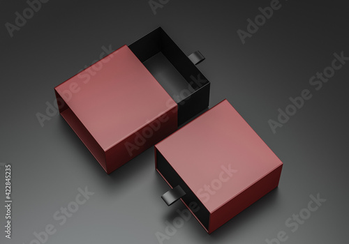 Package blank Sliding drawer maroon Cardboard Box mockup for corporate branding. 3d render