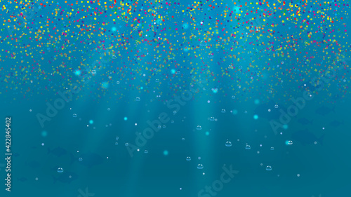 Vector illustration concept of micro plastic in the oceans. Small plastic pieces are floating and polluting the water. Ecology Conservation and environmental global warming and climate change design.